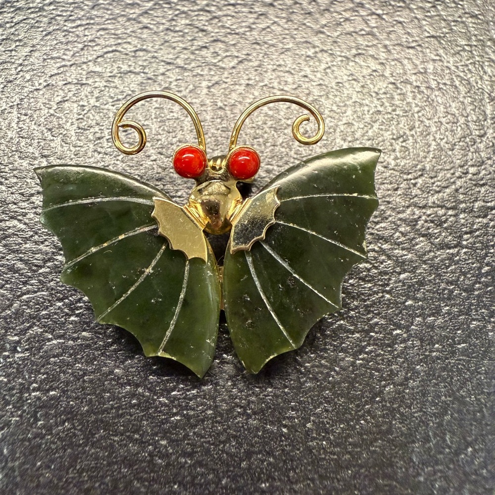 Vintage Green Jade & Coral Butterfly Brooch